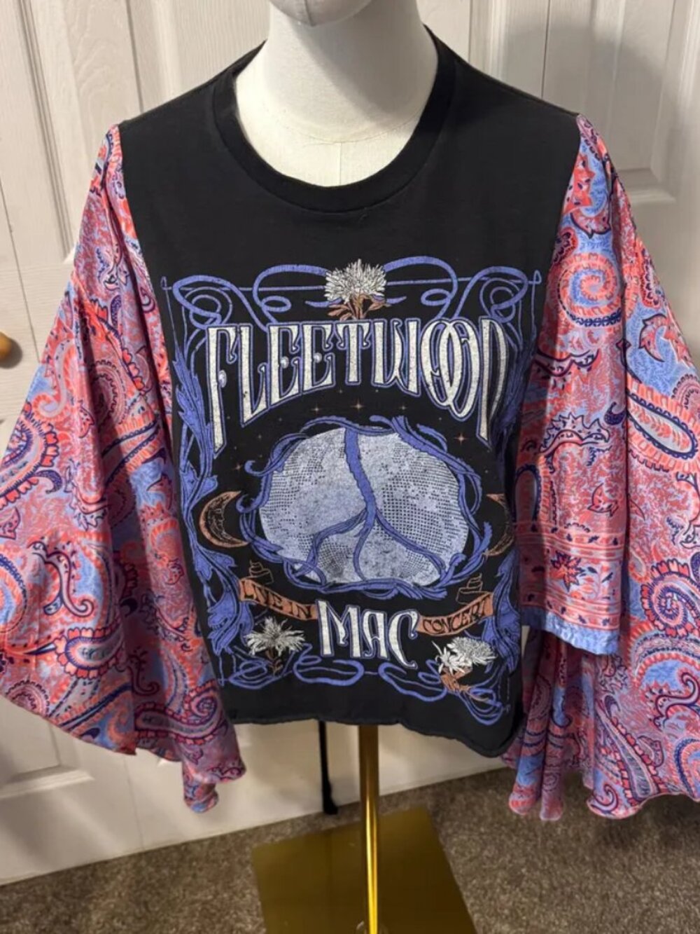 Fleetwood Mac Upcycled Cropped T-shirt with Flowy Printed Bell Sleeves - OSFM
